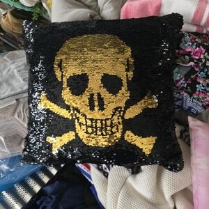 Reversible Sequin Skull & Crossbones pillow